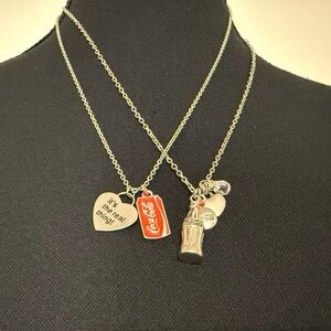 Two Silver Coca-Cola Necklaces, Can & Bottle Pendants with Charms